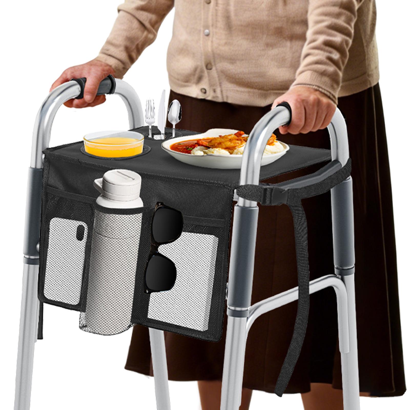 Vassoio Pieghevole per Deambulatore con Portabicchieri e Tasche Multiple Borsa Portaoggetti per Rollator Piatto da Pranzo per Anziani Regalo nero
