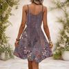 Women Plus Size V Neck Strappy Sleeveless Black White Gray Printed Gathered Waist Flared Hem Dress