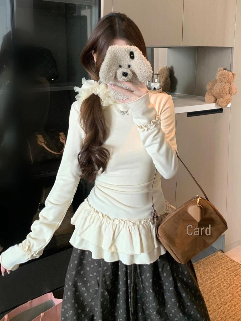 Korean High Neck Lace Patchwork Long Sleeve Women's T-Shirt - Autumn/Winter Slimming Base Layer