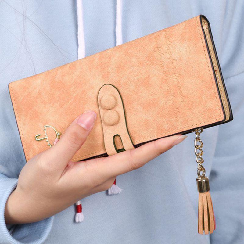 Elegant Women Leather Card Holder Long Trifold Wallet With Tassel And Checkbook Pocket