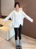 White Irregular Split Long Sleeve Women's Mid-Length Fleece T-Shirt for Spring, Autumn, and Winter