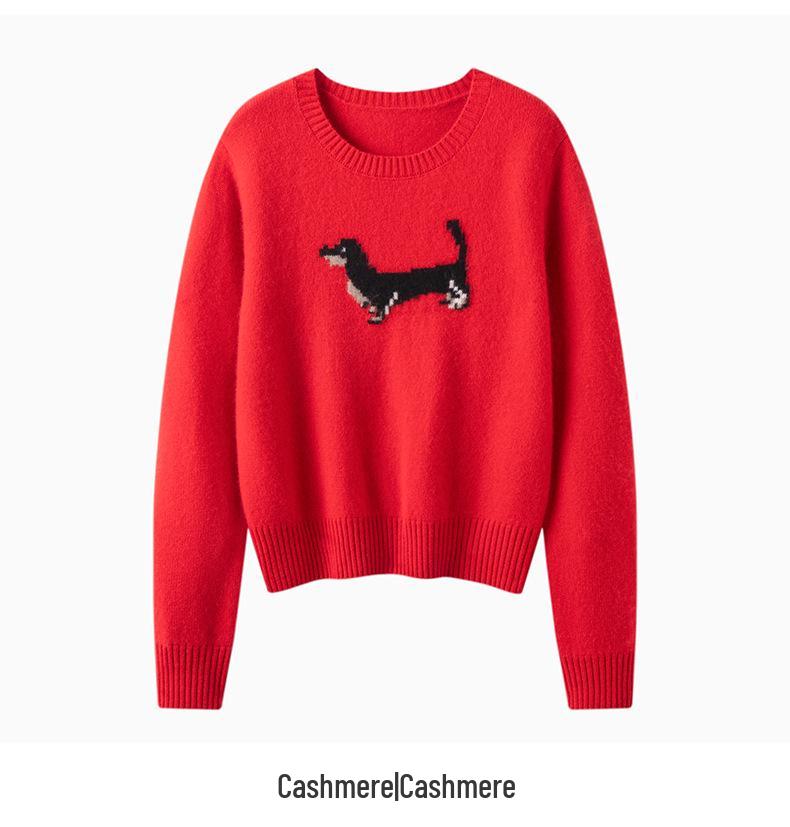 Women's Korean Style Black Dog Jacquard Cashmere Knit Sweater - Slimming, Warm, and Loose Fit for Autumn/Winter