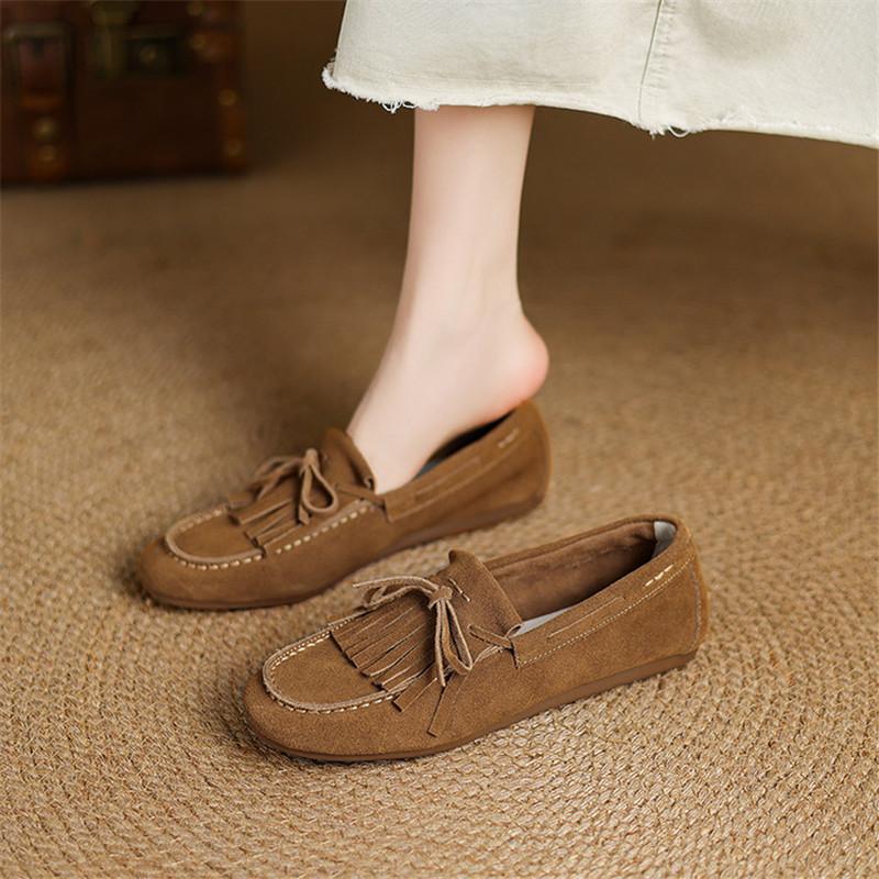Fashion New Spring/Summer Split Leather Women Pumps Shoes for Women Fashion Tassels Round Toe Loafers Shoes Women Low Heels Flat Shoes