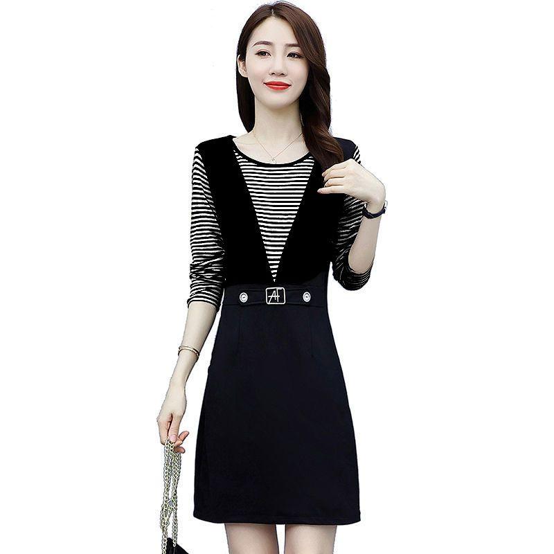 Women's Korean-Style Casual Slim-Fit A-Line Dress Striped Patchwork False Two-Piece Long-Sleeve One-Piece Dress