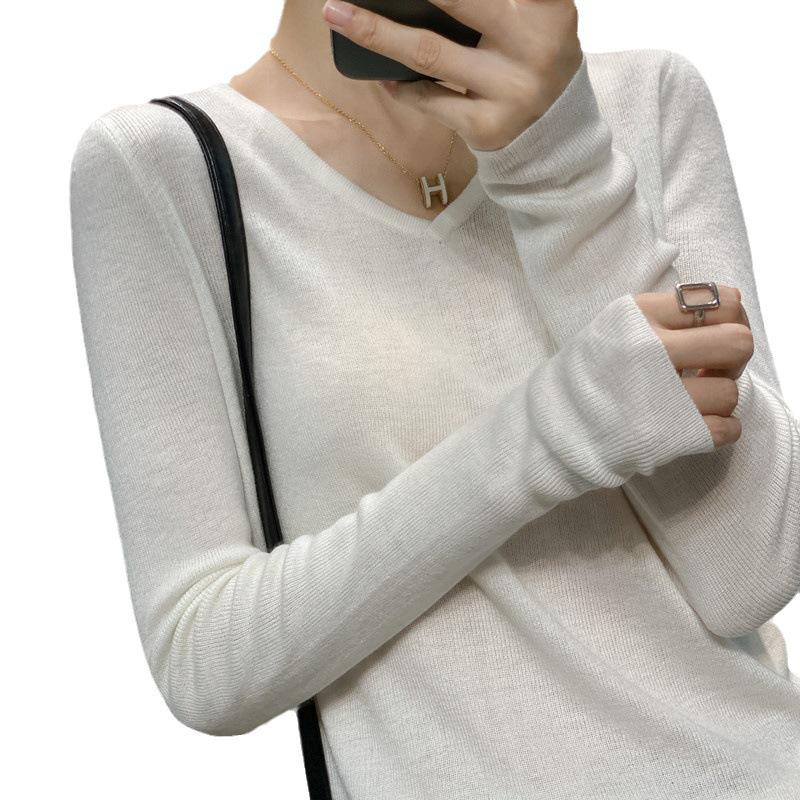 Women's Loose Korean Style V-Neck Thin Sweater - 2023 Long Sleeve Knitted Wool Base Layer Top, White