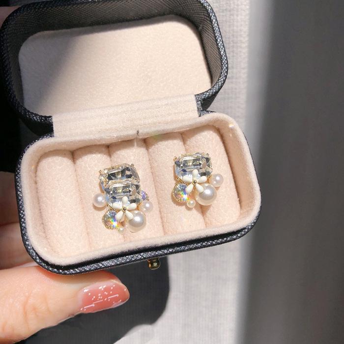 S925 Silver Needle Pearl & Rhinestone Flower Stud Earrings - Exquisite Women's Accessories