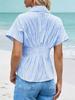 Womens Striped Button Down Shirt Short Sleeve Pleated Peplum Casual Blouse