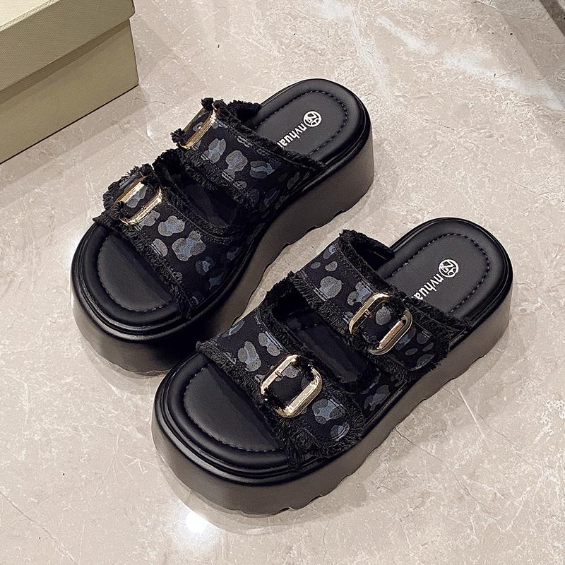 Aphixta 7.5cm High Heels Platform Sandals Slippers Women Slides Woman Shoes Wedge Slippers Buckle Beach Slides Shoes