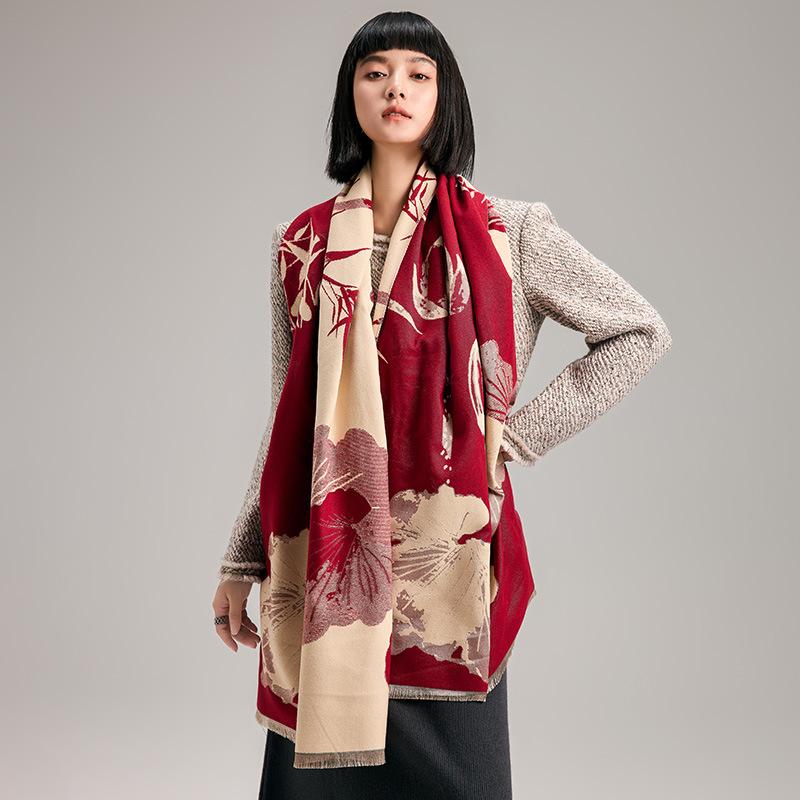 Guochao ink and wash wind contrasting colors double-sided imitation cashmere scarf winter high-end warm shawl