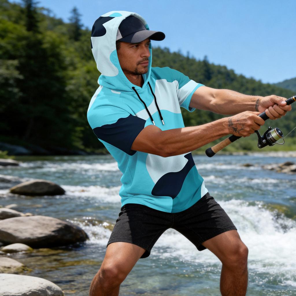 Men's Camouflage Print Raglan Sleeve Casual Sport Fishing Short Sleeve Hoodie Lightweight Breathable Outdoor Activewear Top