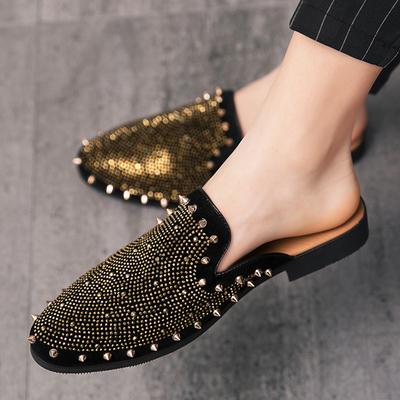New Gold Hip-hop Rock Punk Rivet Rhinestones Shoes For Men Half Slippers Summer Fashion Casual Mules Moccasins Loafers