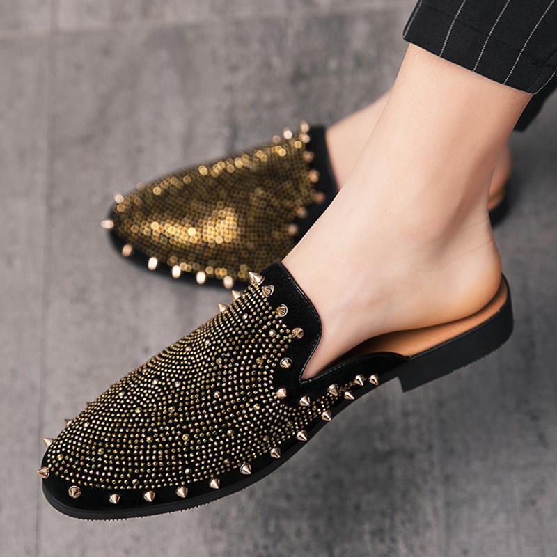 Luxury Trend Men Half Slippers Rock Punk Rivet Rhinestones Shoes Male Casual Mules Moccasins Breathable Loafers Zapatos Hombre