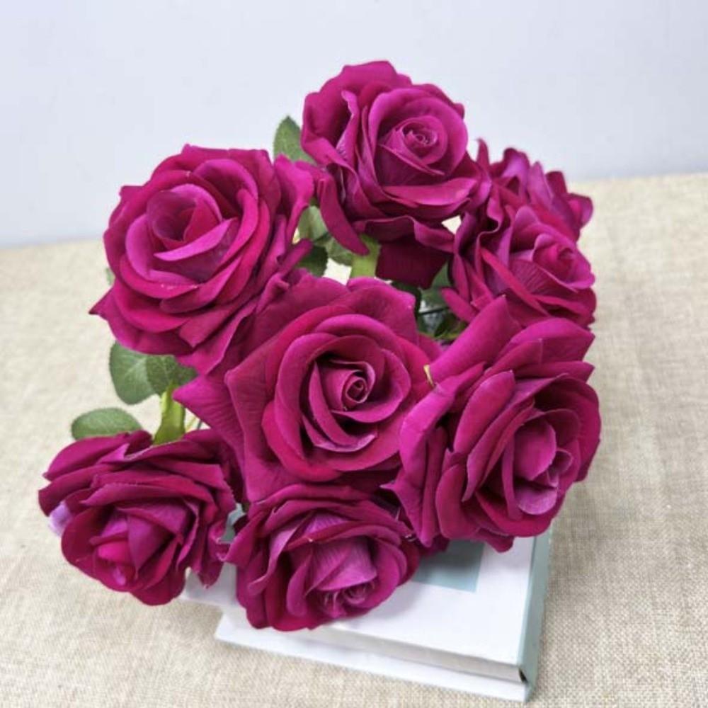 9 Head Artificial Rose Flower Green Leaves Faux Rose Flower Branch  Home Living Room Decor