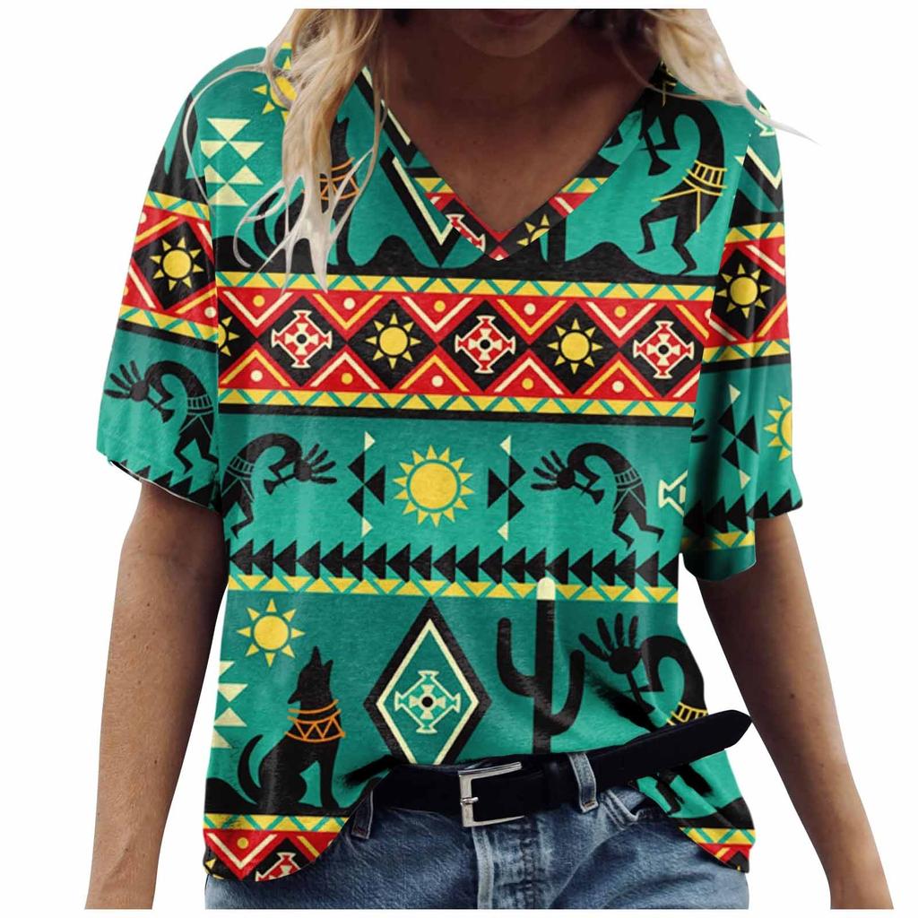 Moda feminina casual confortável estampado decote em V blusa de manga curta