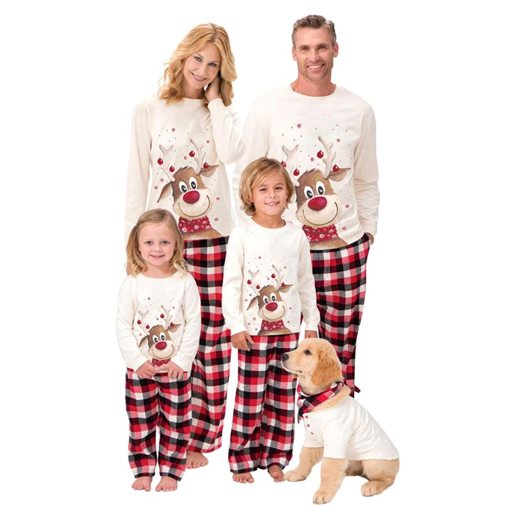 2025 Family Deer Print Cotton Plaid Set - Autumn/Winter Christmas Outfit