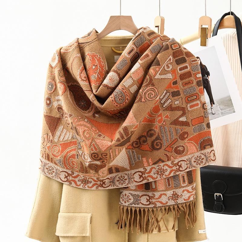 Jacquard Scarf Shawl with Decorative Imitation Cashmere Scarf for Women Winter High End New Style Thickened Ethnic Style Shawl
