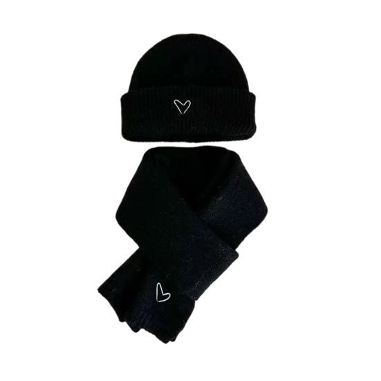 2Pcs/Set Kids Hat Scarf Set Solid Color Heart Pattern Thickened Warm Knitting Hat Long Scarf Set Elastic Fit Winter Wear