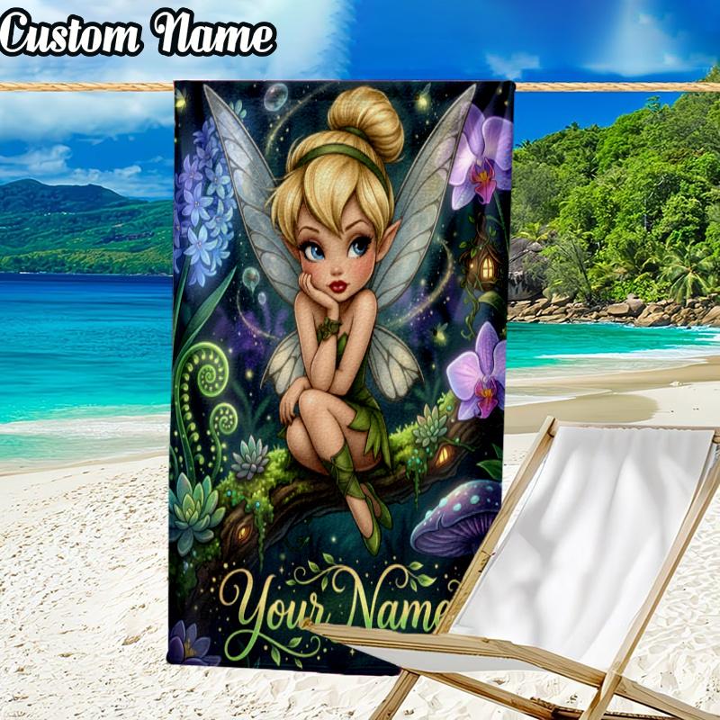 Custom Name Tin-ker Bell Beach Towel - Soft, Ultra-Absorbent Microfiber, Lightweight, Perfect for Beach, Parties, Travel, Camping