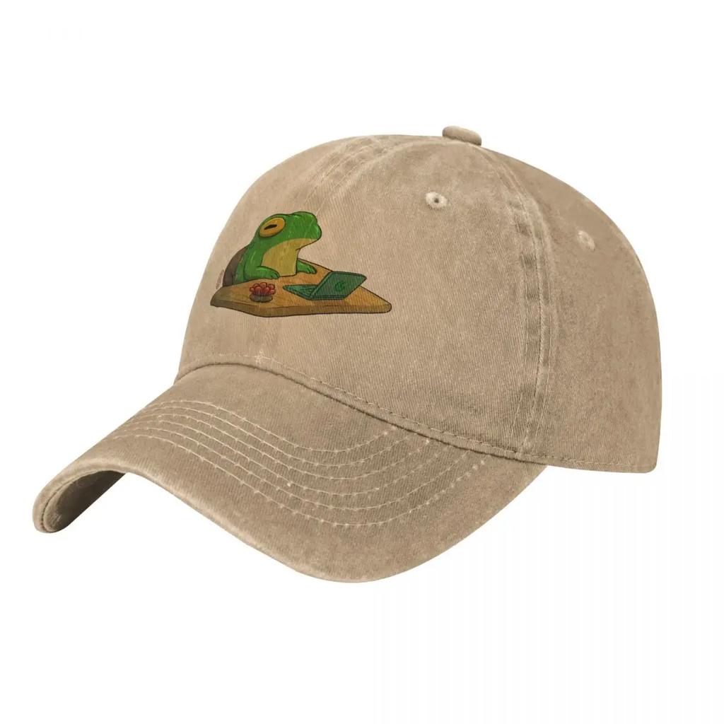 cute frog zoning out at desk work from home asian artwork Baseball Cap Custom Cap Rave Baseball Unisex Womens