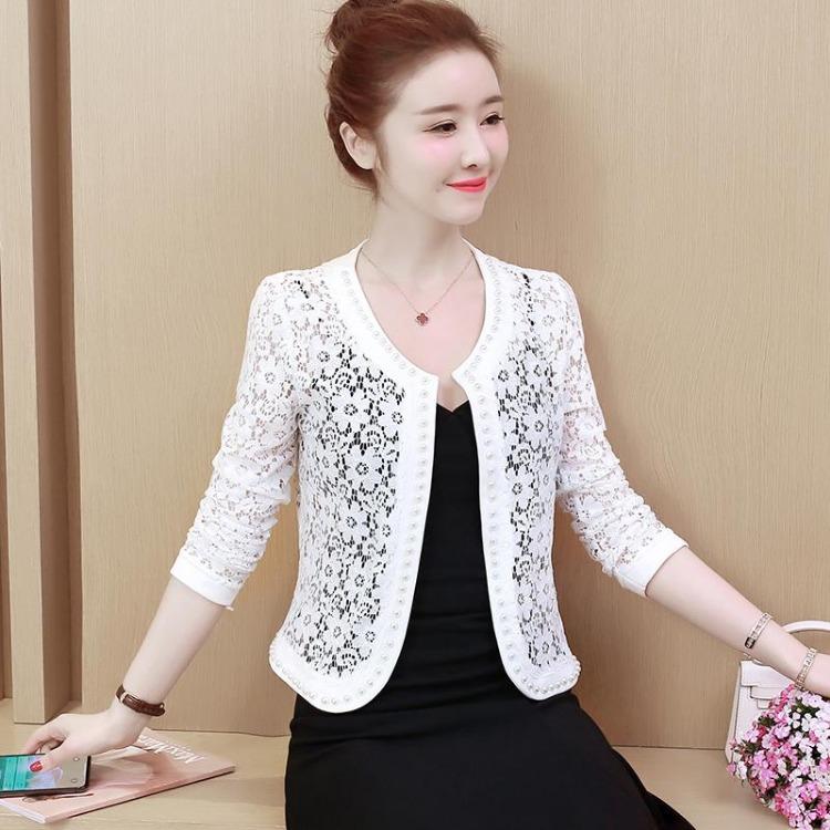 Women Summer Lace Jacket Long Sleeve Beaded Cardigan Black White Hollow Out Short Casual Top J20 S белый
