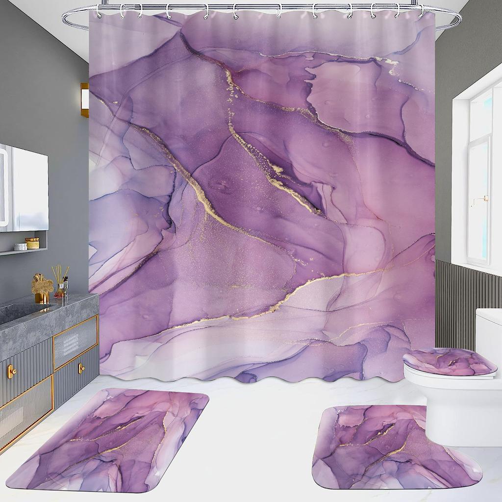 4Pcs Marble Series Shower Curtain Sets for Bathroom Non-Slip Bathroom Rugs Lid Toilet Cover Bath Mat