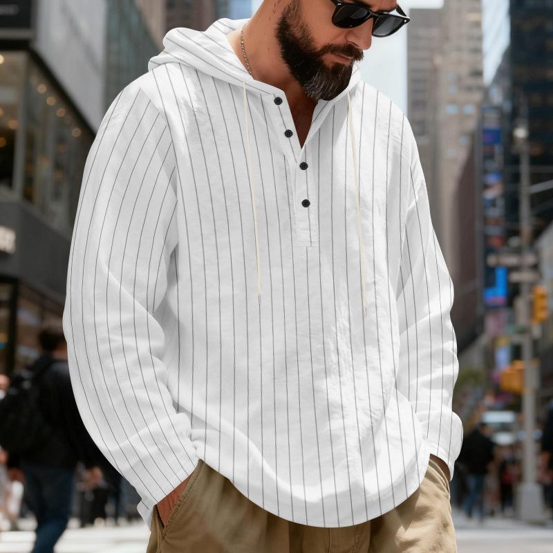 

Мужская свободная рубашка-henley с капюшоном, в полоску, из льна, для весны и осени, большого размера, повседневная S белый
