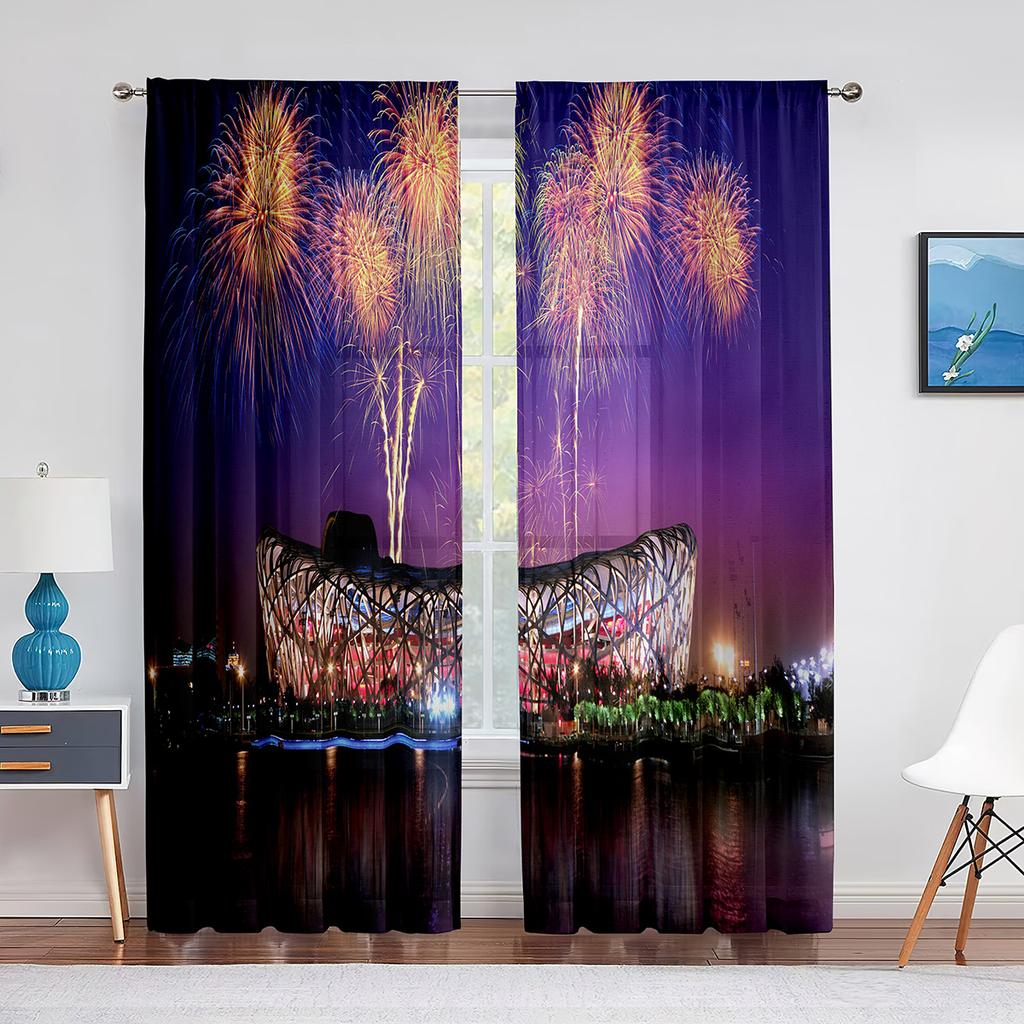 Paesaggio da Sogno Vista Notturna Fuochi d'Artificio Cielo Stellato Tende di Tulle per Decorazione Soggiorno Camera da Letto Chiffon Leggero Voile Tenda da Finestra