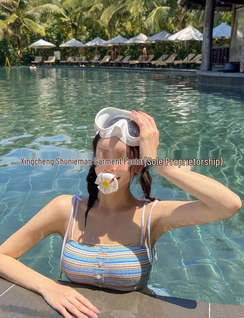 Women's High-End Striped Bikini Set with Cover-Up - Slimming Fit, Small Bust, Korean Conservative Style