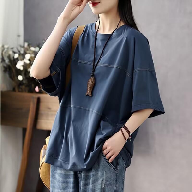 Plus size Women's Summer Short-sleeve T-shirt with Line Splicing Solid Color Loose Casual and Retro Style