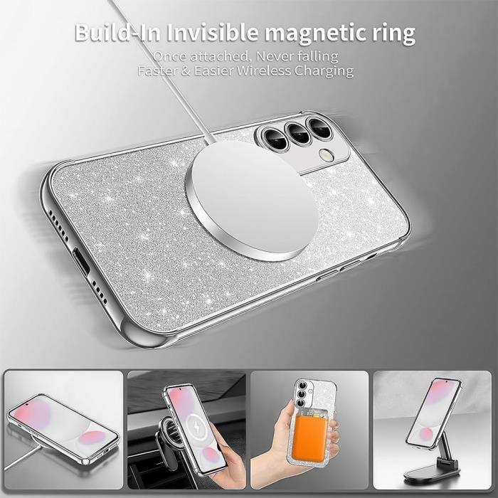 Coque + 2 Verres Trempés pour Samsung Galaxy S25, avec Cercle Magnétique Protection Caméra - Argenté Scintillant