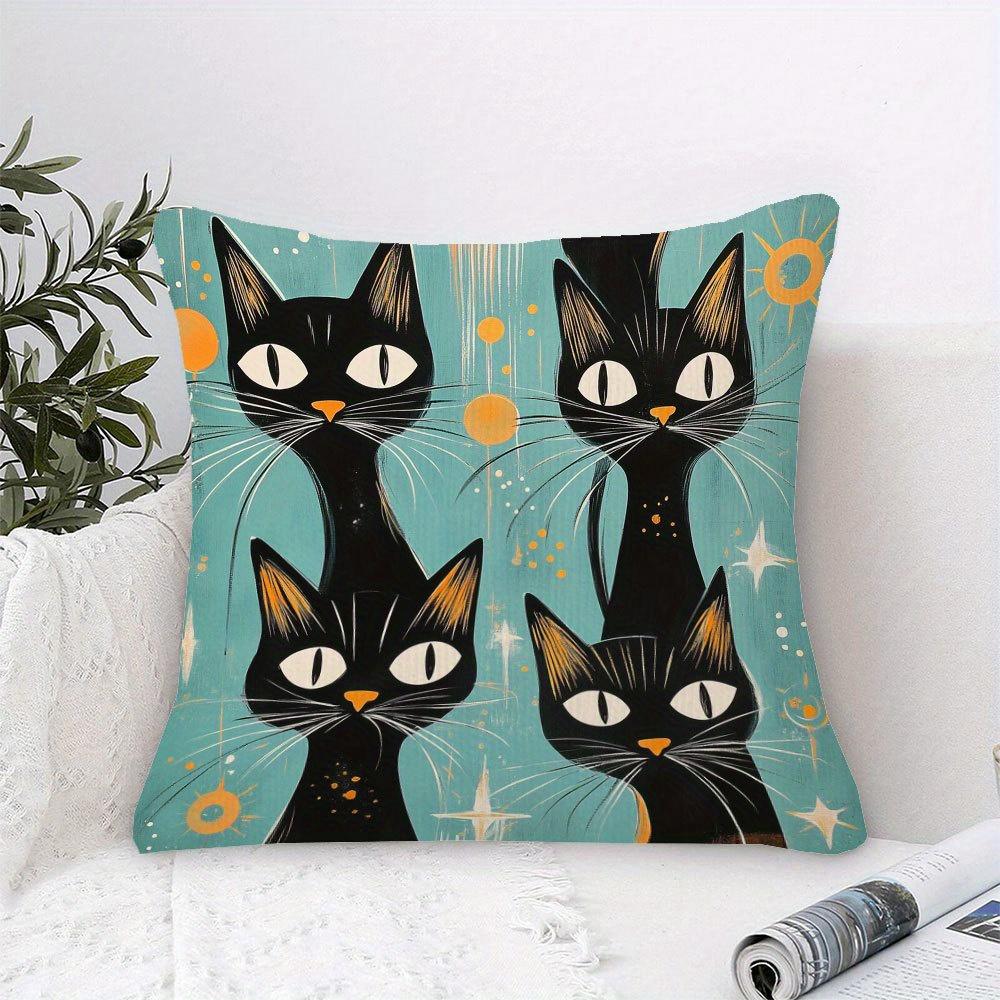 Vintage Cat Cushion Cover, Mid Century Modern Black Cat Pillowcase, Retro Animal Print Home Decor, Sofa Throw Pillow