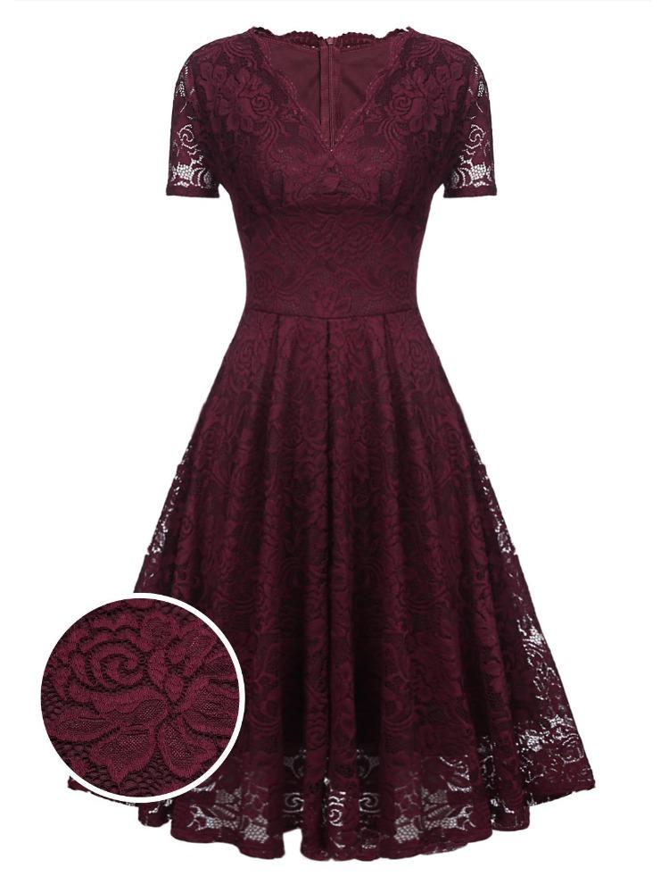 Bright Deer Women's Lace Cocktail Dress V Neck Short Sleeve Fitted Waist Midi Prom Bridesmaid Wedding Guest Party Evening Occasion Outfit