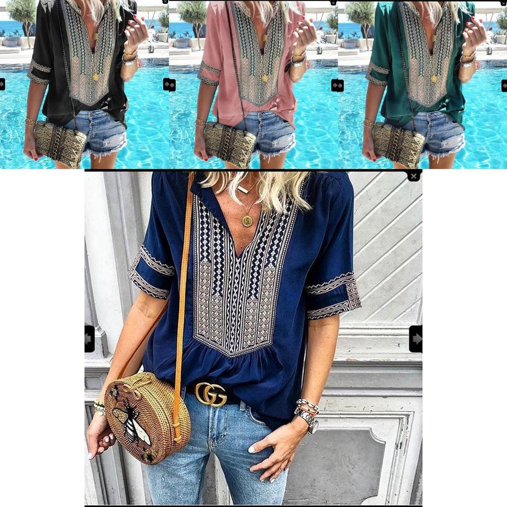 Stunning Womens Vintage Striped V Neck Loose Shirt Tops Half Sleeve Boho Blouse Plus Size