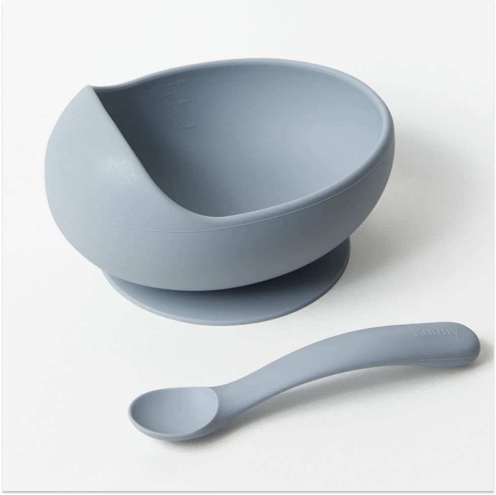

Набор силиконовой миски и ложки Konny, термостойкий, подходит для мытья в посудомоечной машине и микроволновой печи, платиновый силиконовый набор посуды с присоской, для кормления, отлучения, специальная ложка для малышей