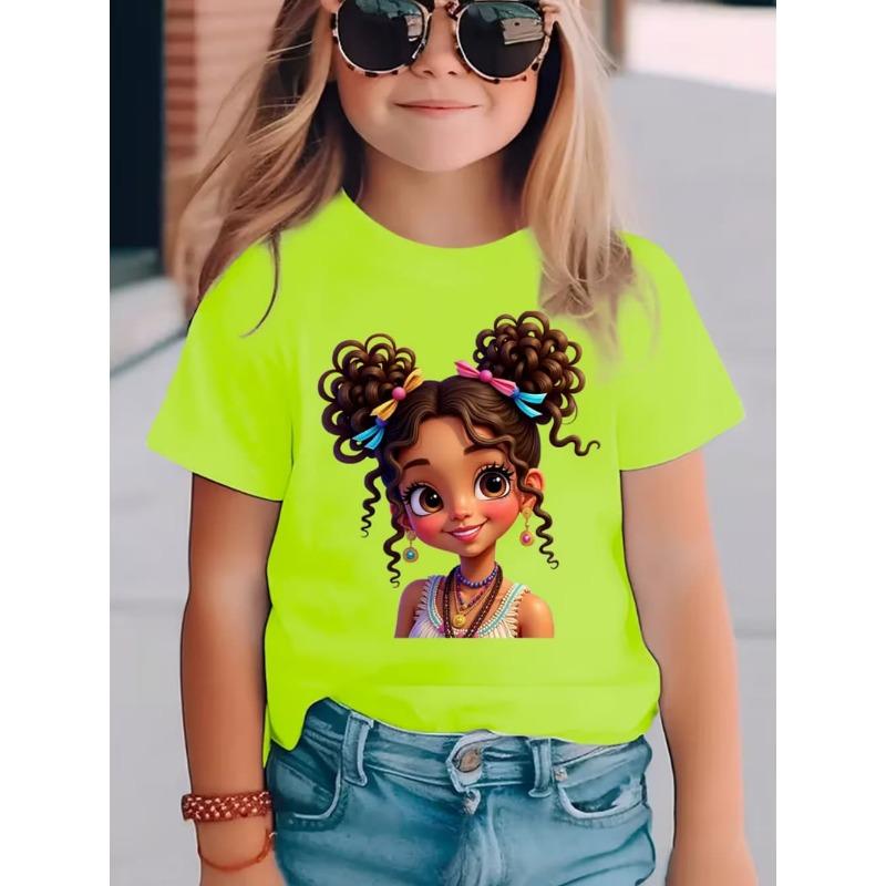 Girls' Summer Crew-Neck Short-Sleeved Top New Black Girls Cute Top Girls Clothes Cartoon Print T-Shirt Top Children's Clothing