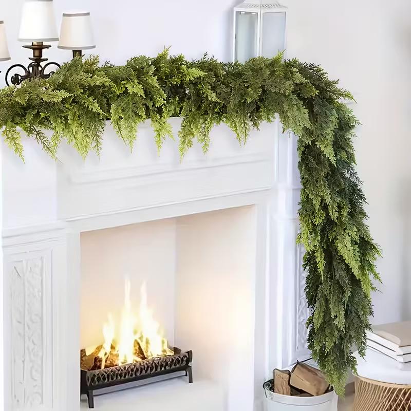 Realistic Cypress Leaves and Vine Cedar Christmas Fireplace Decoration