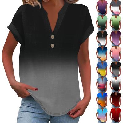 Women's Fashion Casual Printed V-Neck Short Sleeve Button Down Shirt T-Shirt Top