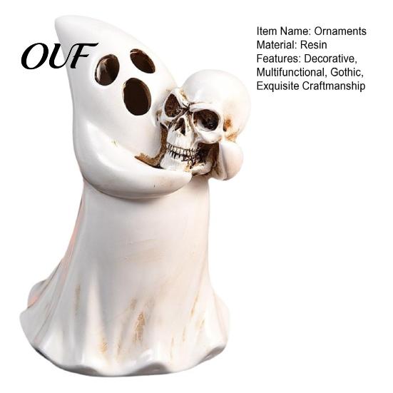 Mysterious Desk Ornament Halloween Ghost Figurine with Skull, Resin Statue for Tabletop Decor, Themed Window Display Retro Gothic Home Desktop