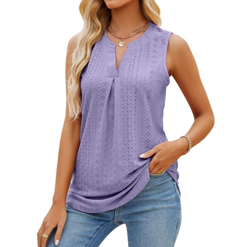 Women Solid Color V Neck Sleeveless Perforated Loose Casual Summer Tank Top