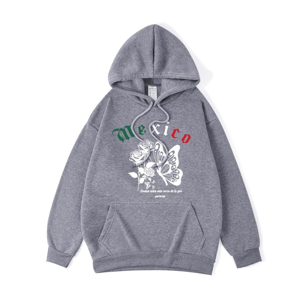 Mexico Butterflies And Flowers Prints Hoodie Women Street Loose Hooded Basics Sporty Sweatshirt Winter Fleece Warm Clothes