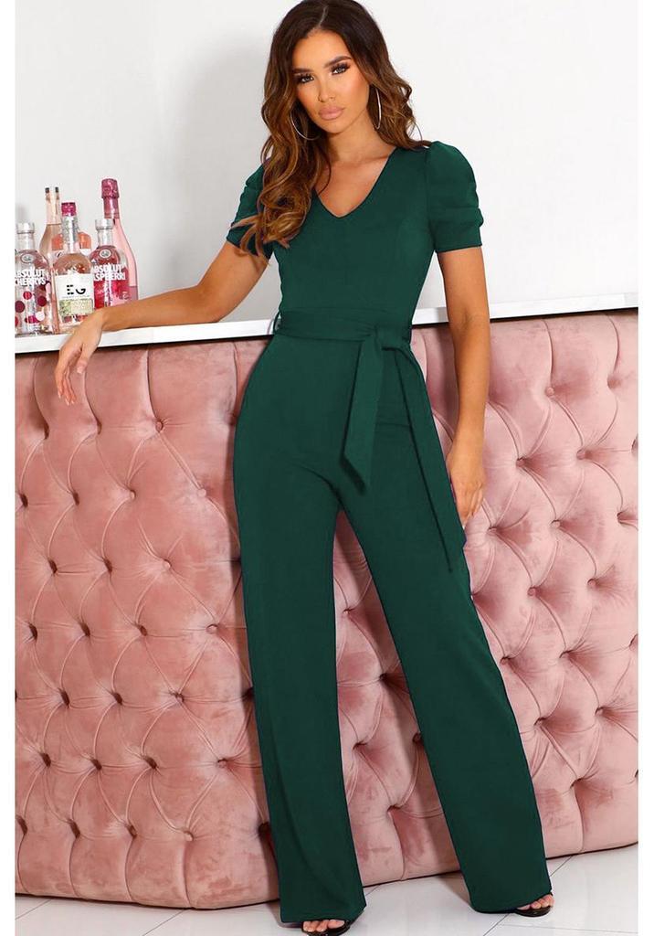 2024 Sommer Damen Eleganter Jumpsuit mit Bindegürtel und V-Ausschnitt, Kurzarm, Weiter Bein