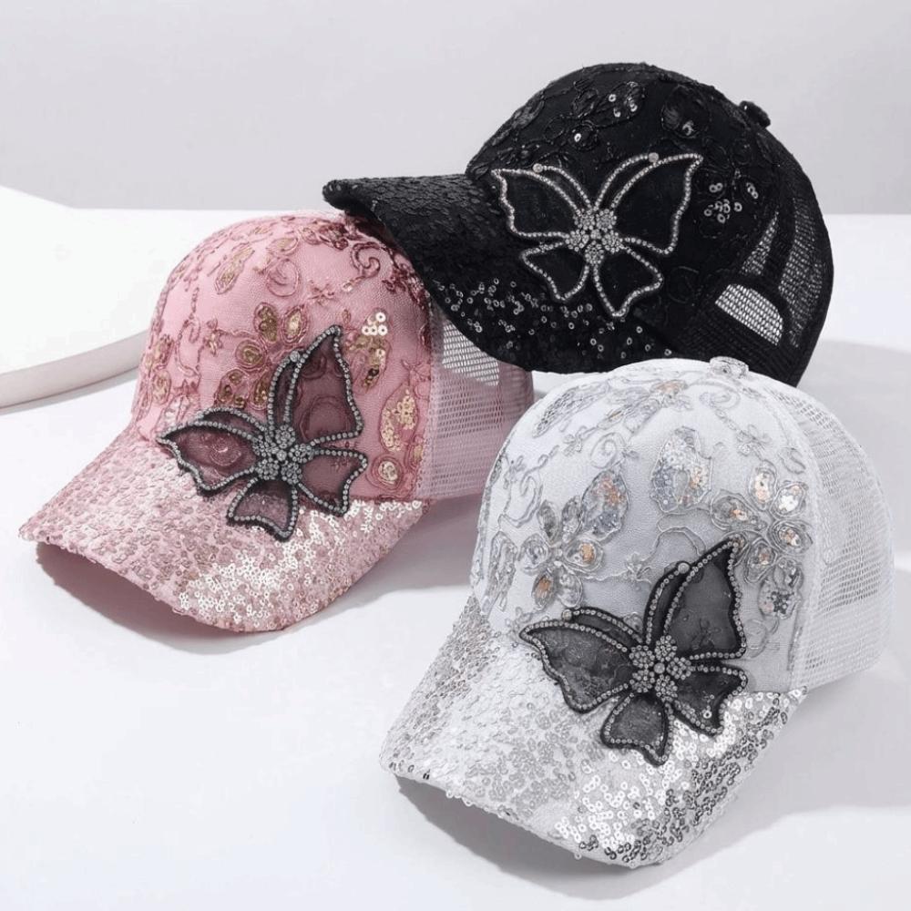 Fashion Mesh Women's Baseball Cap Breathable Butterfly Decor Sun Hat Adjustable Black Rhinestone Peaked Cap Spring Summer Autumn