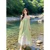 French fresh green lace floral splicing suspender dress women's summer temperament seaside vacation irregular long dress