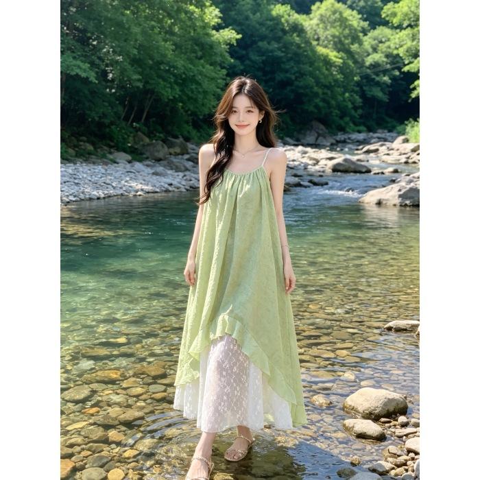 French fresh green lace floral splicing suspender dress women's summer temperament seaside vacation irregular long dress