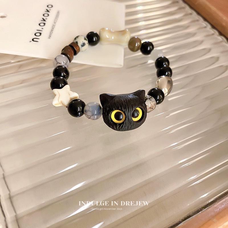 Retro Black Big-Eyed Cat Beaded Bracelet - Simple, Unique, and Versatile Style for Best Friends