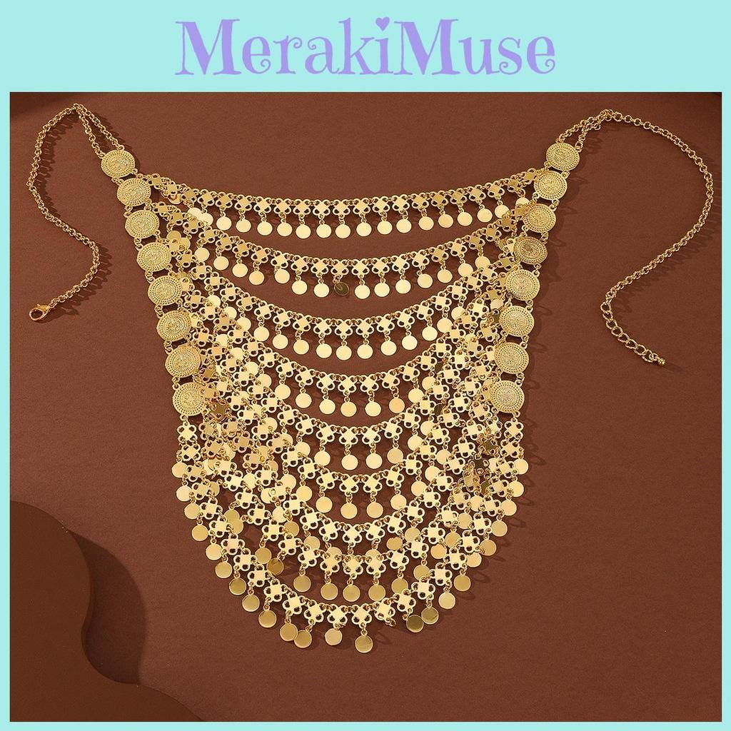 Halsband med mynthänge i guldlegering och flerskiktade tofsar för kvinnor sommar