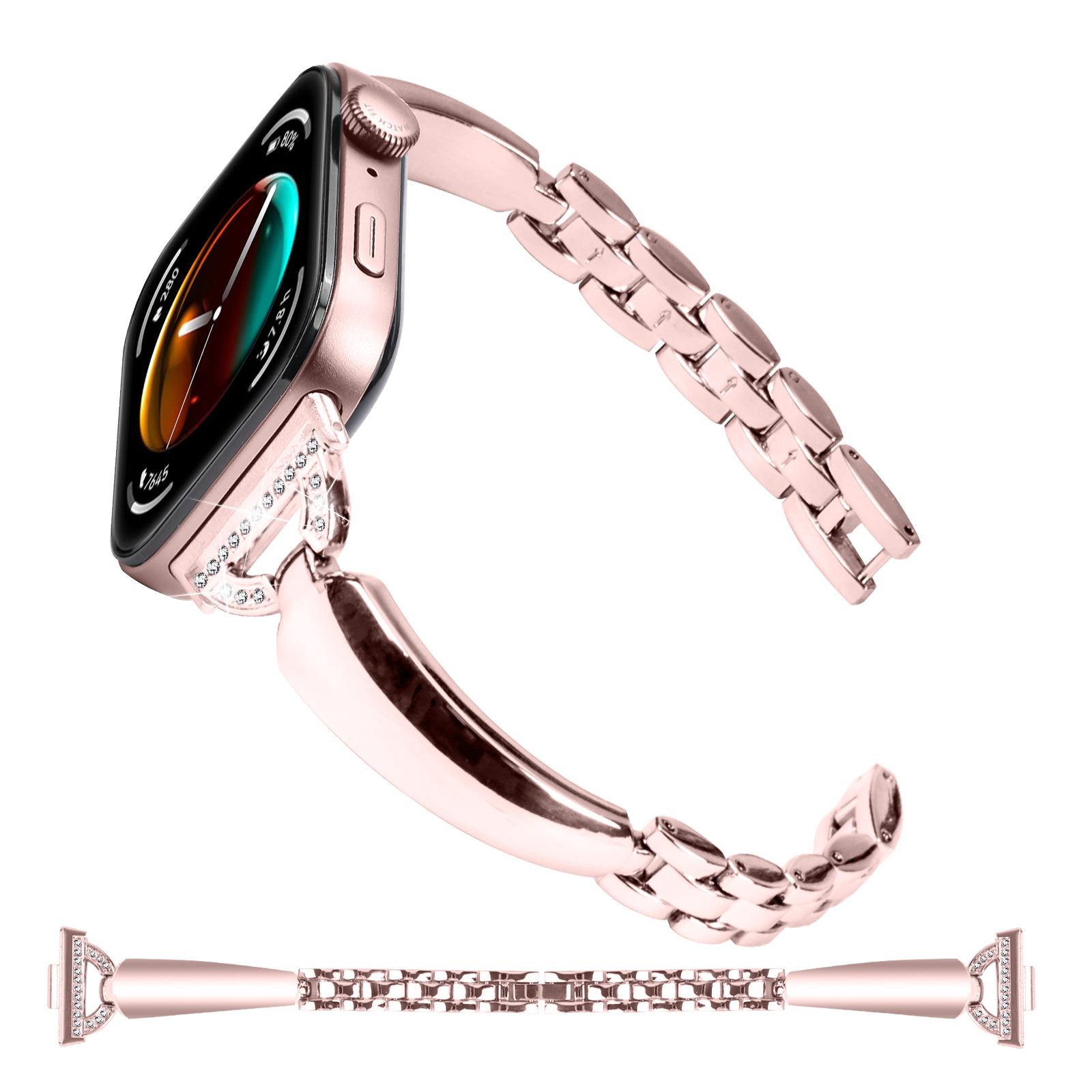 

For Huawei Watch Fit 3 Watch Band Metal Wrist Bracelet with Rhinestone D-Shape Connector Rose Pink