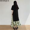 MODIQUE Summer Plus Size Women Loose Casual A-Line Patchwork Dot Print Silk Hemline Long Dresses Female Versatile Oversize Short Sleeve V-Neck Dresses