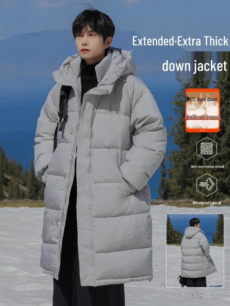 Herren Winter Mittellange Daunenjacke - Lässig, Warm, Lockerer Schnitt, Über das Knie, Verdickter Mantel mit Entendaunen.