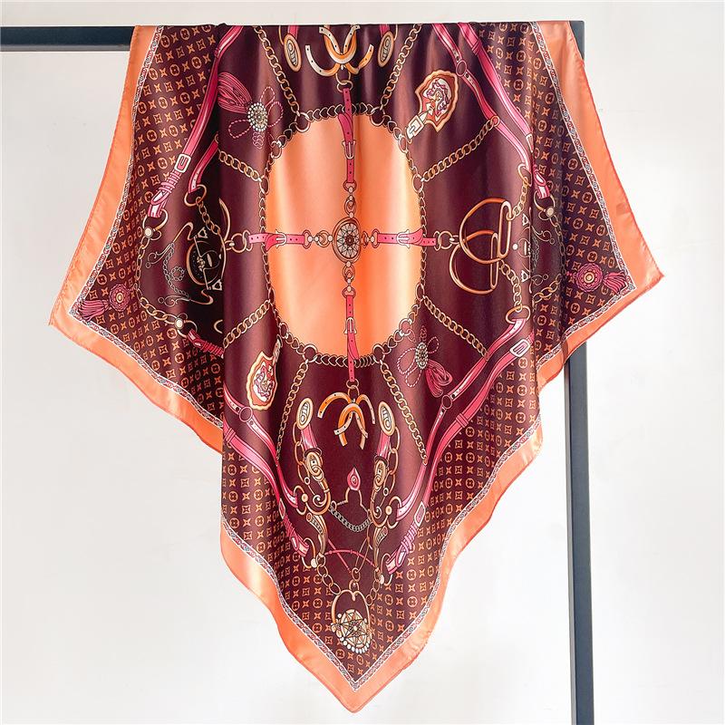 Simple Fashion Chain Satin Simple Silk Scarf Scarf Simulation Silk Scarf 90Cm Large Square Scarf Thin Headscarf Cover